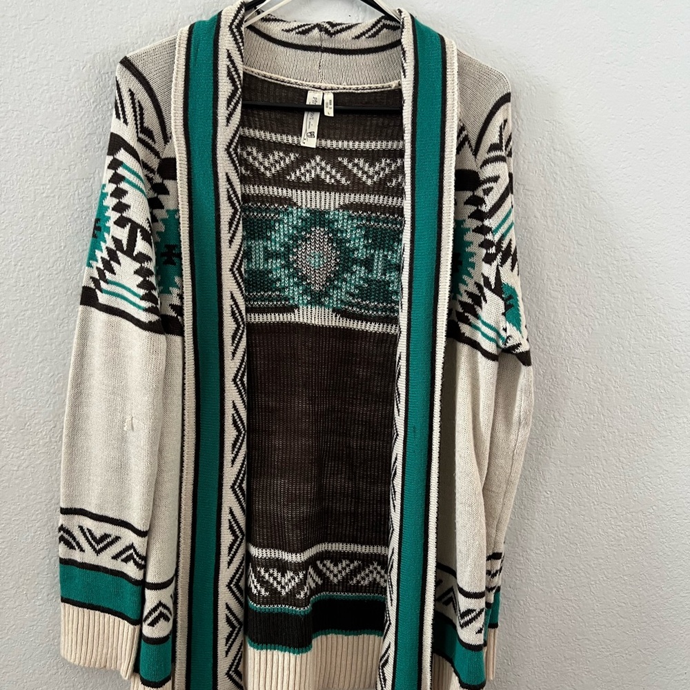 Pink Owl Teal and Cream Patterned Cardigan